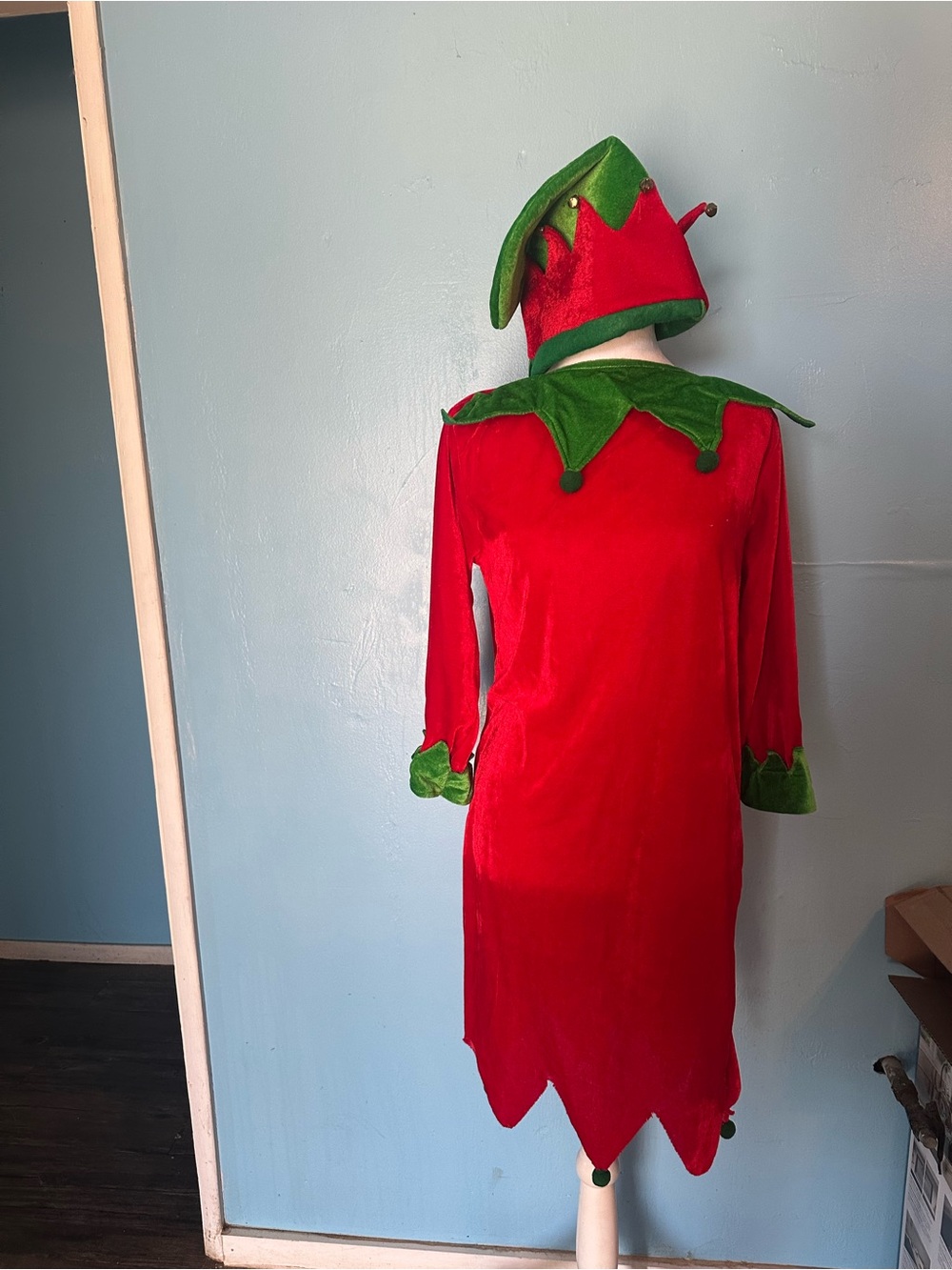 Kids Red and Green Elf Costume Dress with Hat